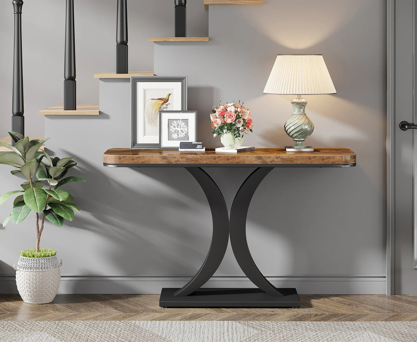 Console Table, 40 inch Narrow with Geometric Base, Rustic Hallway Accent