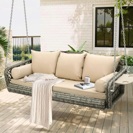 3-Person Hanging Porch Swing Wicker, Outdoor Rattan Swing Bench W/ 3 Back Cushions and Seat Cushion, Sturdy Steel, Customized