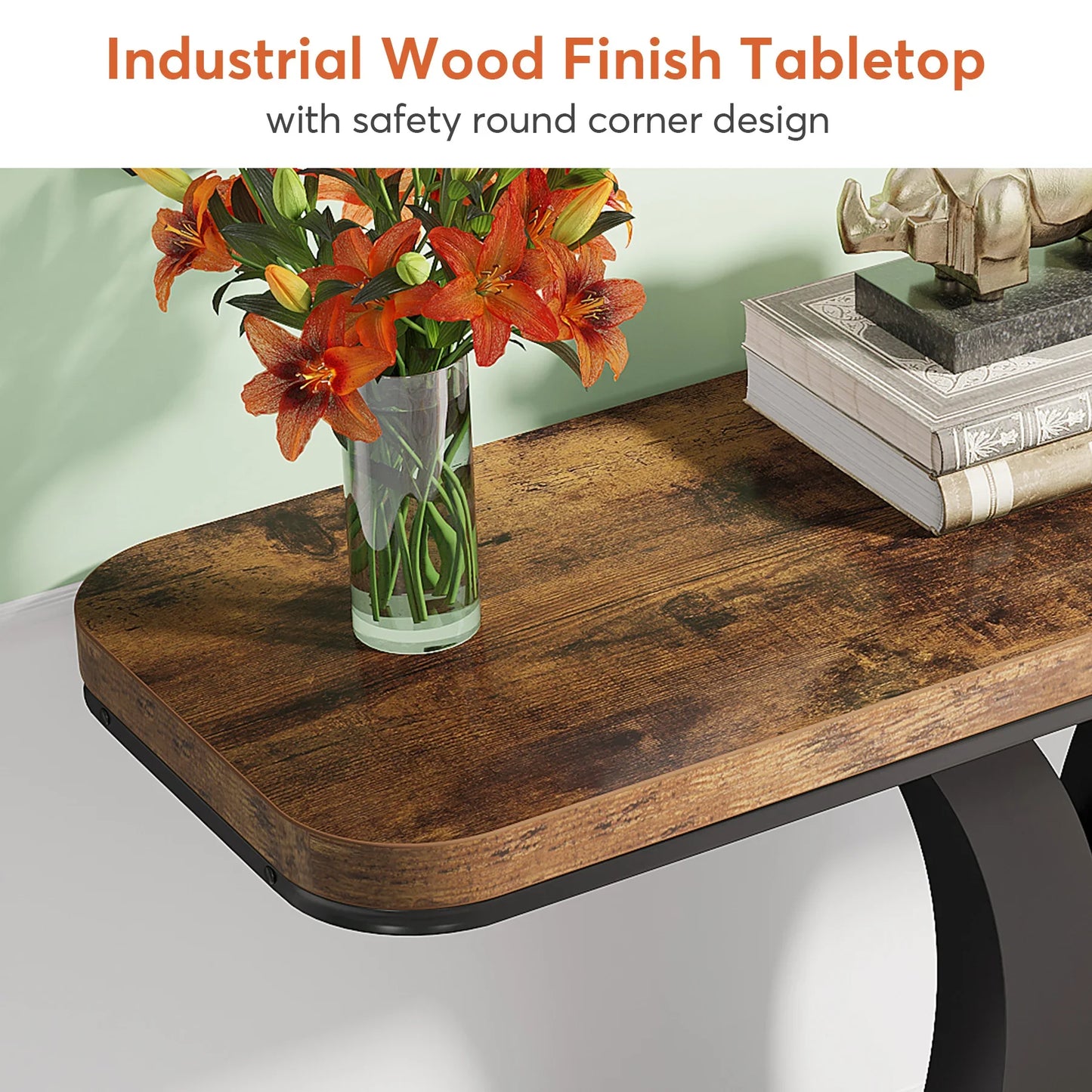 Console Table, 40 inch Narrow with Geometric Base, Rustic Hallway Accent