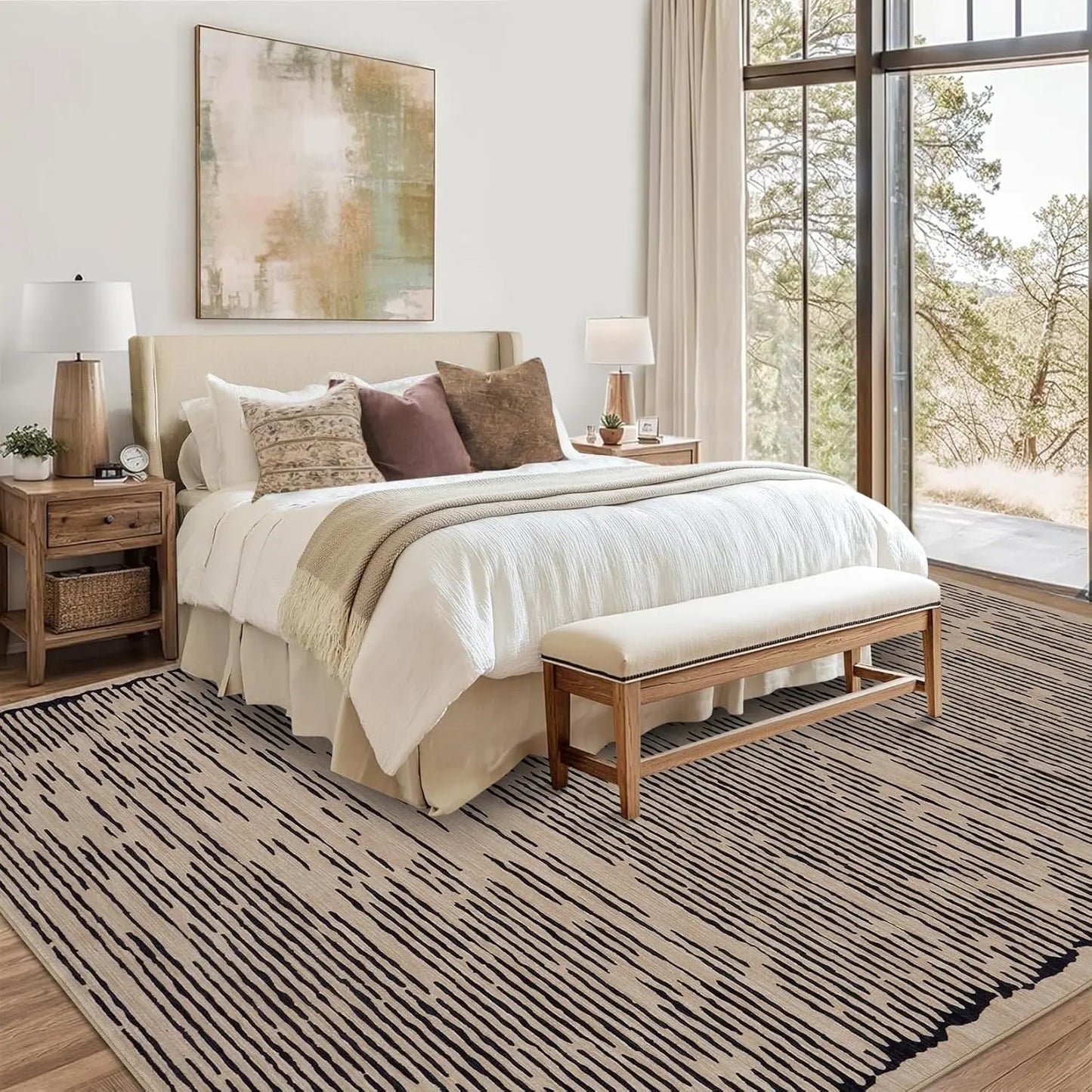 Rugs for Living Room Washable Modern Stripe Carpet Non Slip Soft Rug, Low Pile Area Rug