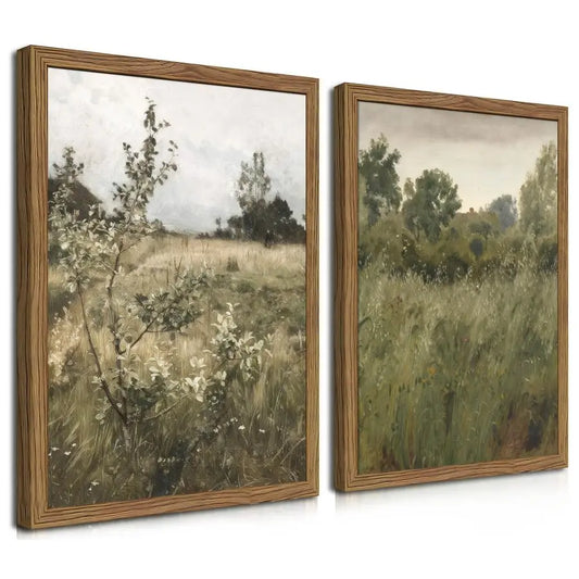 Landscape Wall Art Set of 2, Green Natural Wilderness Farmhouse Canvas Wall Decor Paintings, Retro Country Wildflower Oil Picture