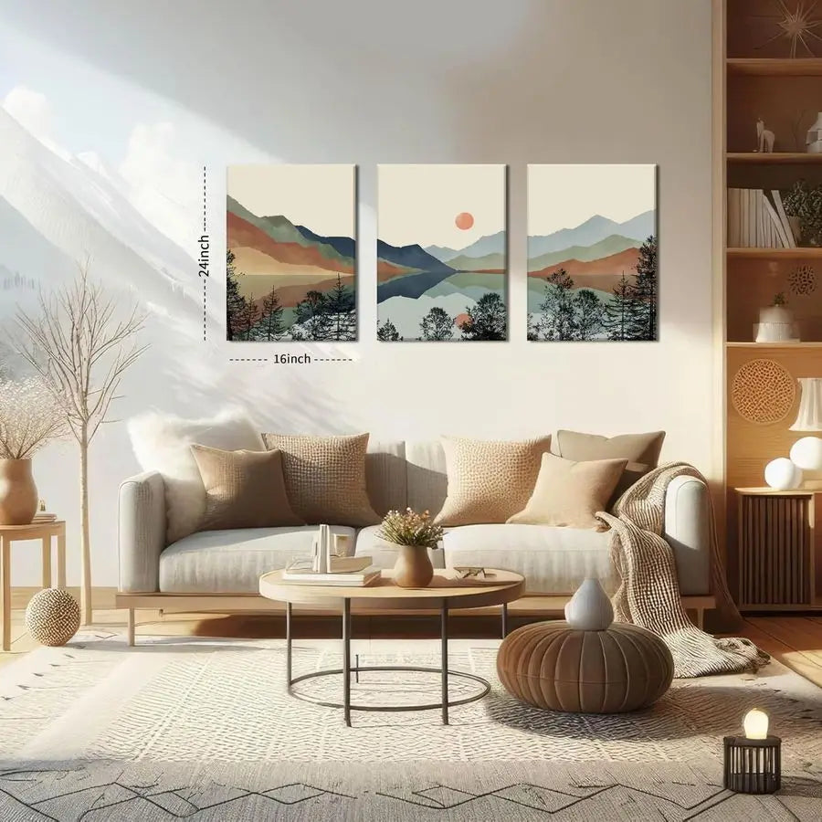 Framed Mountain Canvas Wall Art Set of 3, Boho Watercolor Painting, Sun Forest Abstract Nature Landscape Artwork