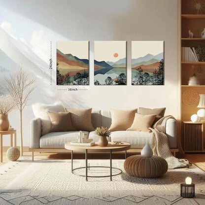 Framed Mountain Canvas Wall Art Set of 3, Boho Watercolor Painting, Sun Forest Abstract Nature Landscape Artwork