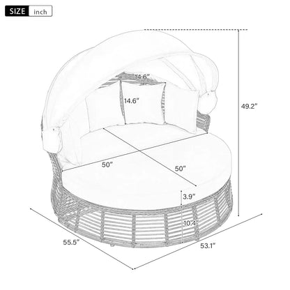 Rattan Round Daybed with Retractable Canopy & Removable Cushions for Patio Backyard