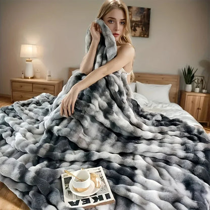 Bubble Fleece Blanket for Couch, Faux Rabbit Fur Throw, Soft Cozy Fluffy Decorative Blanket