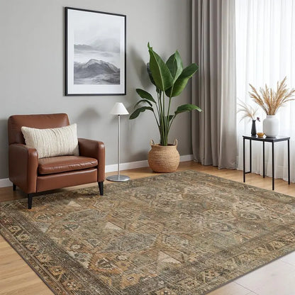 Washable Rug 8x10 Area Rug for Washable Vintage Print Carpet, UltraThin Chenille Low Pile Lightweight