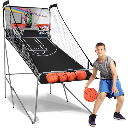 Foldable Dual Shot Basketball Game w/Electronic Scoring, 8 Game Modes, 4 Balls, Indoor Outdoor