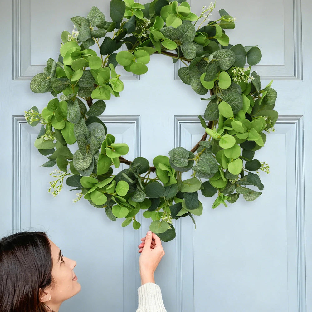 19.7 Inch Eucalyptus Wreath with Olive Leaves All Year Round Handmade Green Spring Summer Wreaths for Front Door Indoor Outdoor