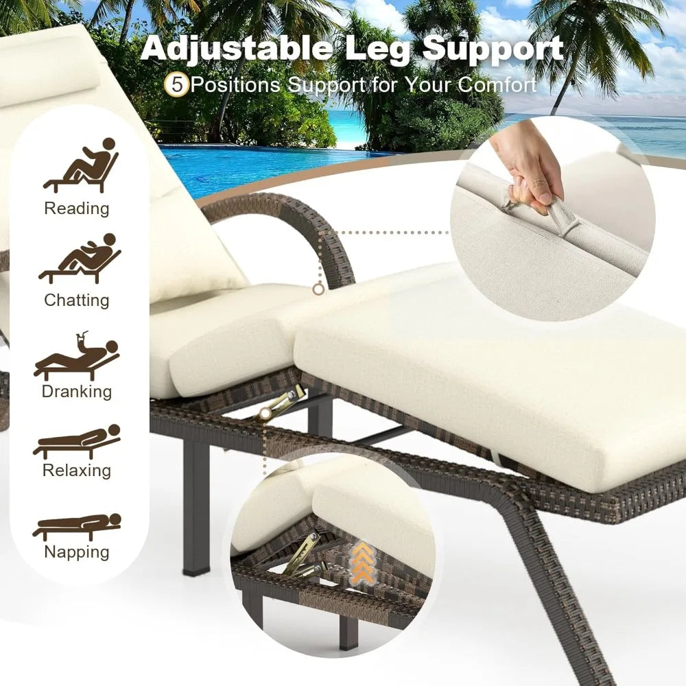 Outdoor Lounge Chairs Set of 2, Patio Chaise Loungers with Adjustable 5-Position & Leg Support, Wicker Pool Recliners