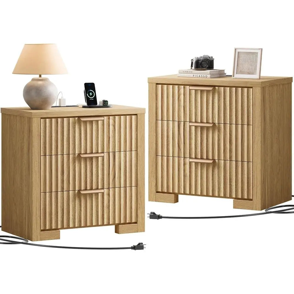 24" 3 Drawer Nightstand, Fluted Set of 2 Modern side tables with Charger Station
