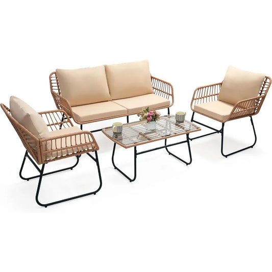 4 Piece Patio Bistro Outdoor Furniture Set with Wicker Sofa 2 Rattan Chairs and Table for Backyard
