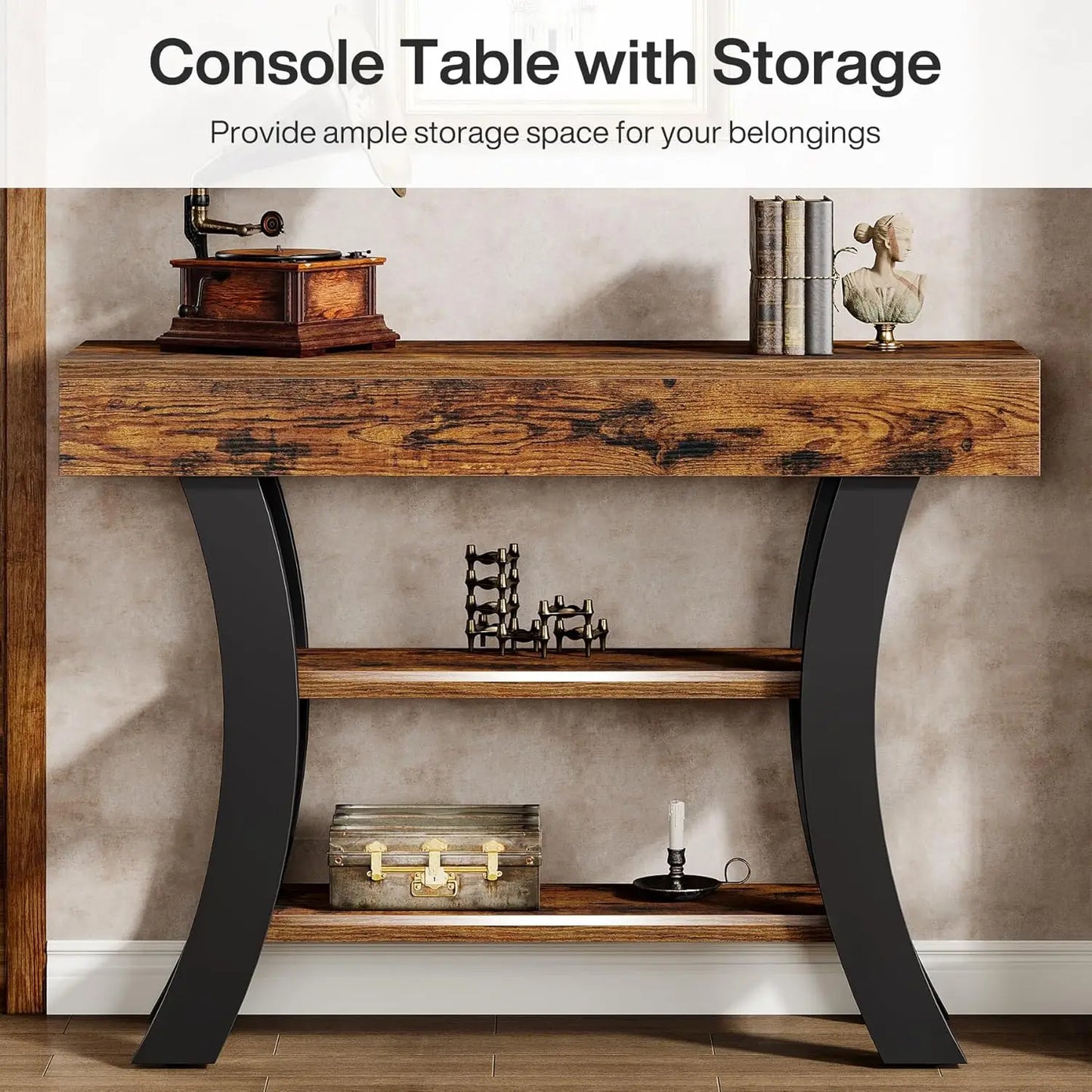 41in Small 3-Tier Narrow Rustic Console Table Curved Storage Shelf Entry Hall, Customized