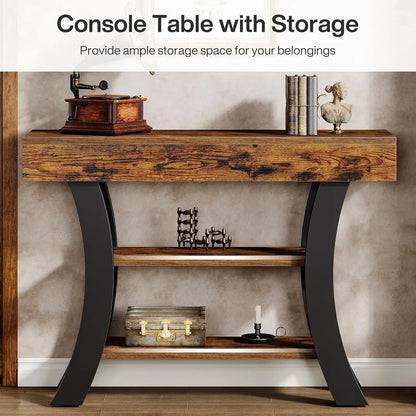 41in Small 3-Tier Narrow Rustic Console Table Curved Storage Shelf Entry Hall, Customized