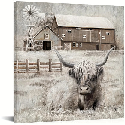 1pc Contemporary Wood Frame Square Decor -  Highland Cow Wall Art - Rustic Farmhouse Landscape Painting with Barn & Windmill