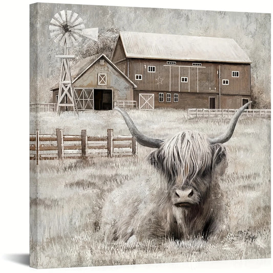 1pc Contemporary Wood Frame Square Decor -  Highland Cow Wall Art - Rustic Farmhouse Landscape Painting with Barn & Windmill