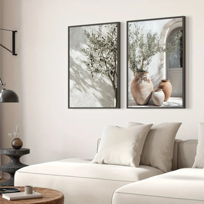 2pcs/set Neutral Olive Tree Shadow Vase Canvas Print Poster Botanical Landscape Art Print Home Decor