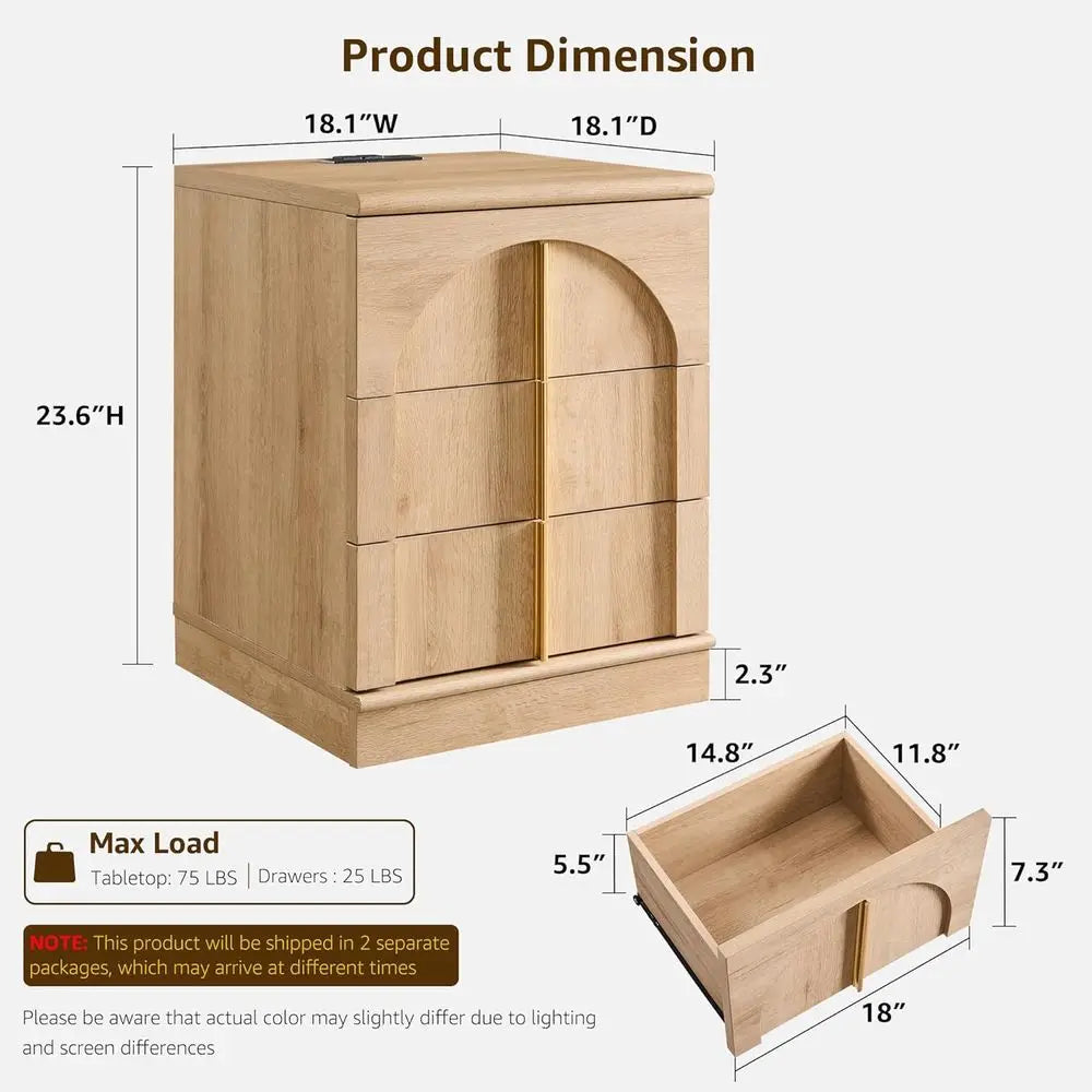 Arched Panel 2-Piece Nightstand Set, 18 Charging Station Nightstand, 3-Drawer Side Table, Square Bedroom/Living Room End Table,