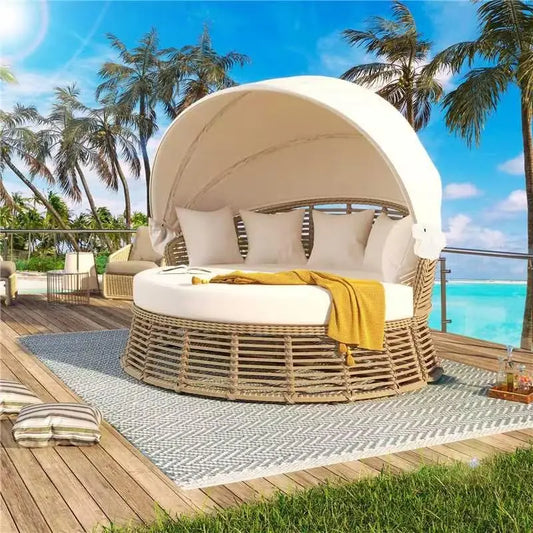 Rattan Round Daybed with Retractable Canopy & Removable Cushions for Patio Backyard