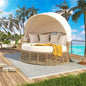 Rattan Round Daybed with Retractable Canopy & Removable Cushions for Patio Backyard