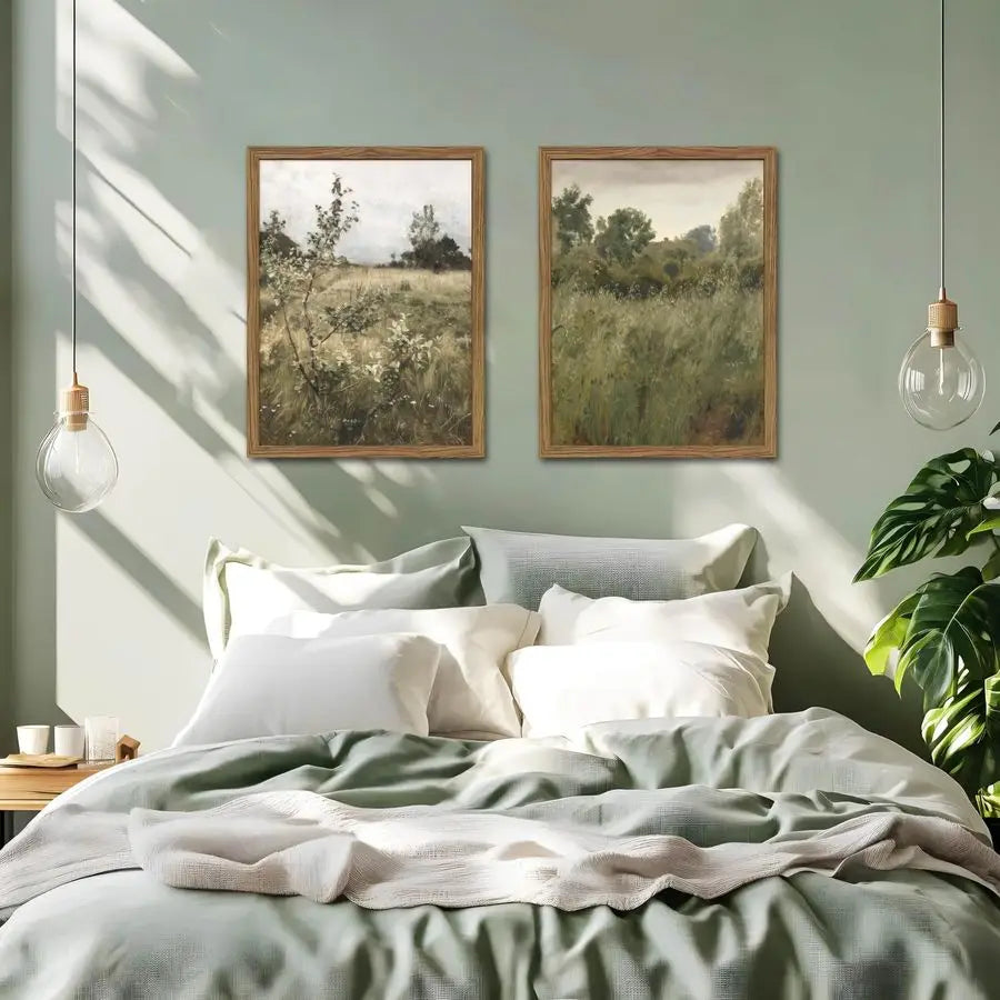 Landscape Wall Art Set of 2, Green Natural Wilderness Farmhouse Canvas Wall Decor Paintings, Retro Country Wildflower Oil Picture