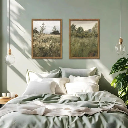 Landscape Wall Art Set of 2, Green Natural Wilderness Farmhouse Canvas Wall Decor Paintings, Retro Country Wildflower Oil Picture