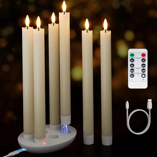 6-Pack Rechargeable Flameless Taper Candles with Charging Station, Remote & Timer for Home Decor