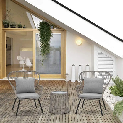 3 Pieces Bistro Chair Set w Glass Table Grey Outdoor Patio Furniture Wicker Rattan Modern Conversation Chat Seating