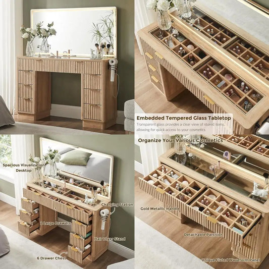 illuminated 48" makeup vanity desk with fluted design, 8-drawer storage and charging station