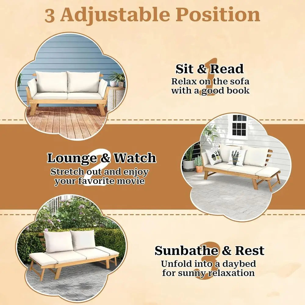 Patio Convertible Couch Soa Bed, Acacia Wood Chaise Lounger with Adjustable Armrest, Cushion & Pillows, Outdoor Daybed Loveseat