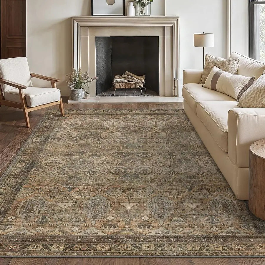 Washable Rug 8x10 Area Rug for Washable Vintage Print Carpet, UltraThin Chenille Low Pile Lightweight
