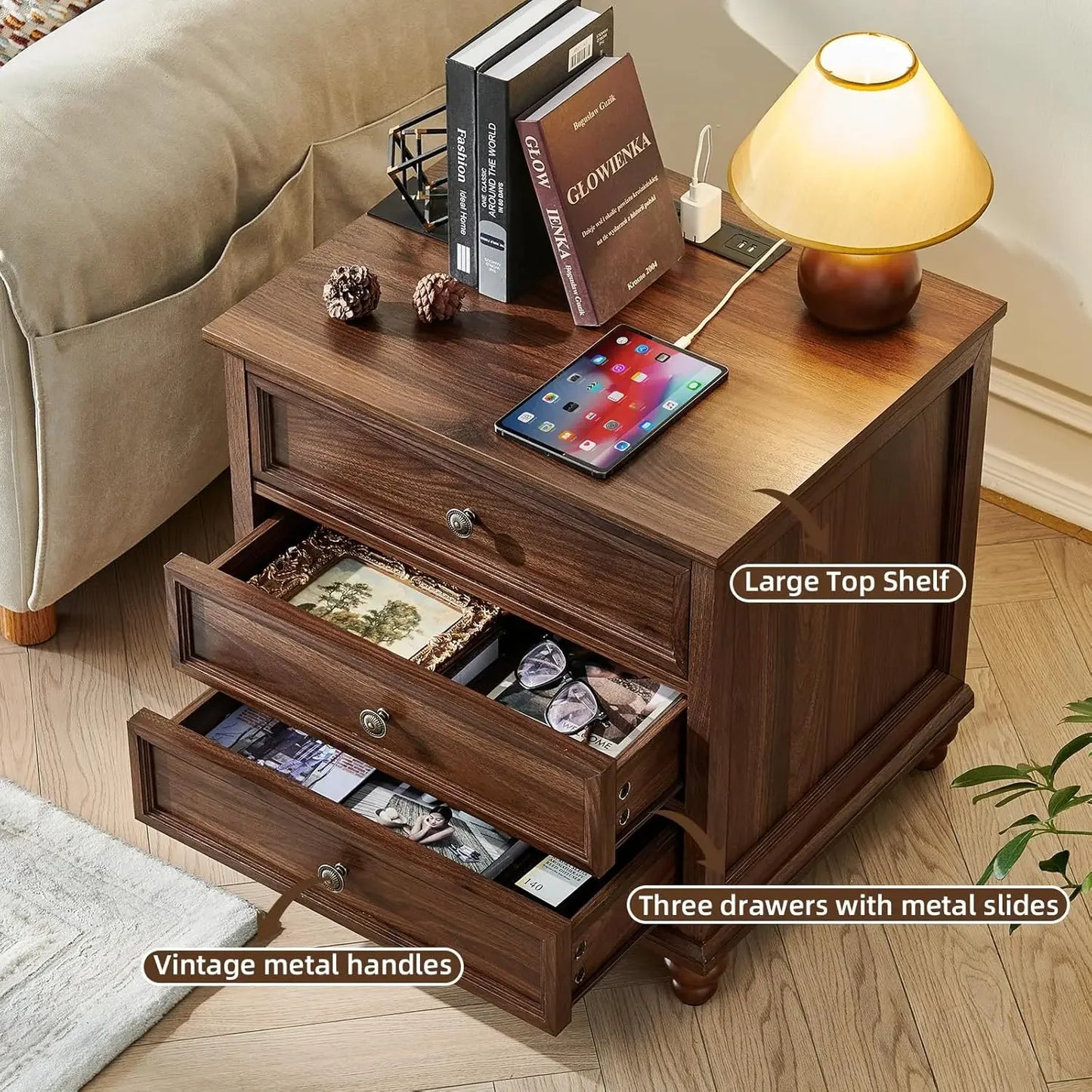 Farmhouse Nightstand Set of 2 with Charging Station, 24" Wide End Table with 3 Drawers, Bed Side