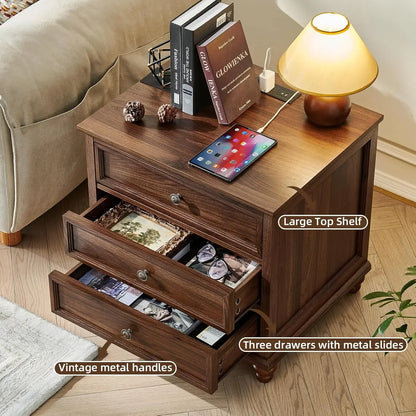 Farmhouse Nightstand Set of 2 with Charging Station, 24" Wide End Table with 3 Drawers, Bed Side