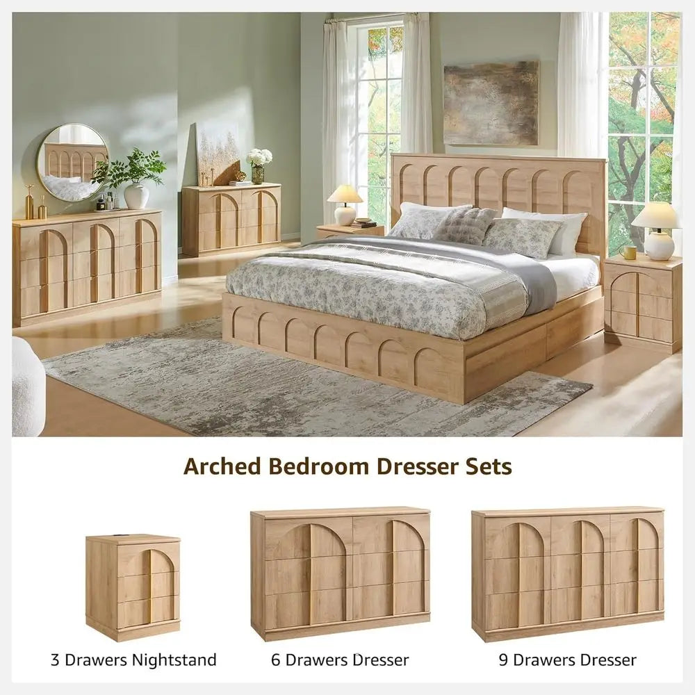 Arched Panel 2-Piece Nightstand Set, 18 Charging Station Nightstand, 3-Drawer Side Table, Square Bedroom/Living Room End Table,