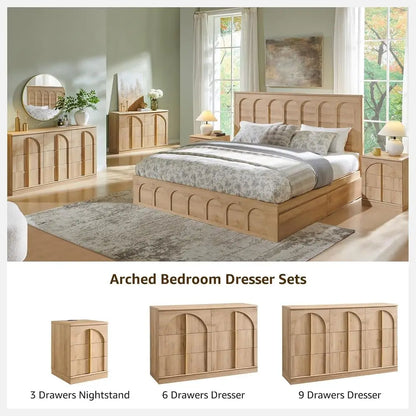 Arched Panel 2-Piece Nightstand Set, 18 Charging Station Nightstand, 3-Drawer Side Table, Square Bedroom/Living Room End Table,