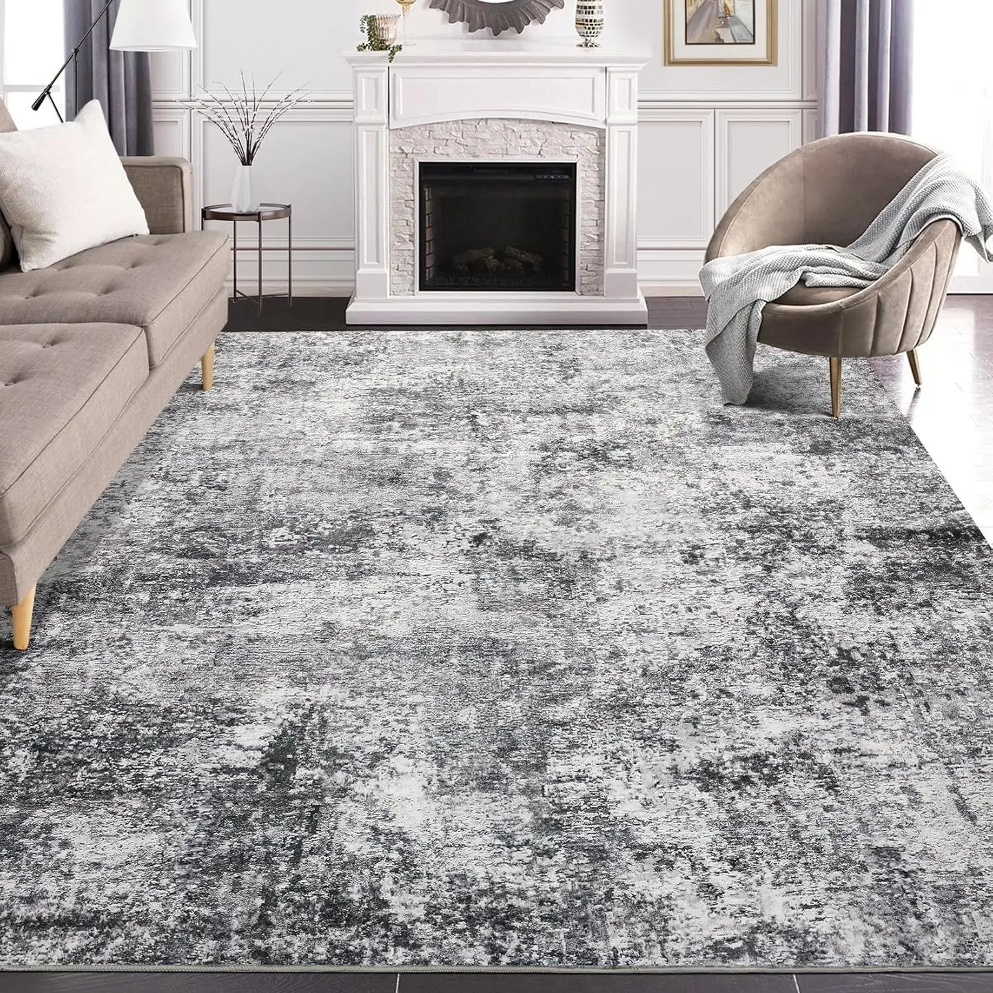 9x12 Soft Modern Abstract Area Rug - Low Pile Washable, Grey
