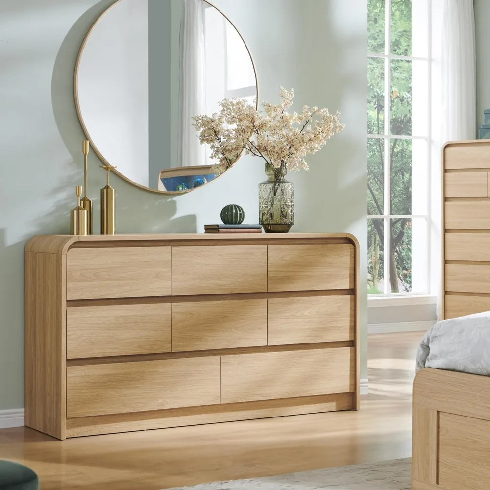 Modern 8 Drawers Dresser for Bedroom, 55 Wide Dressers & Chest of Drawers w/Curved Profile Design, Wood Mid Century