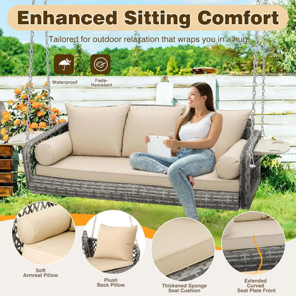 3-Person Hanging Porch Swing Wicker, Outdoor Rattan Swing Bench W/ 3 Back Cushions and Seat Cushion, Sturdy Steel, Customized