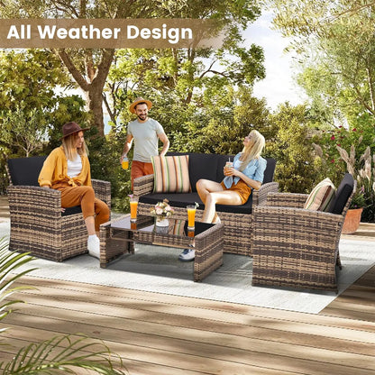 4 Pieces Patio Conversation Set, Outside Rattan Sectional Sofa, Cushioned Furniture Set, Wicker