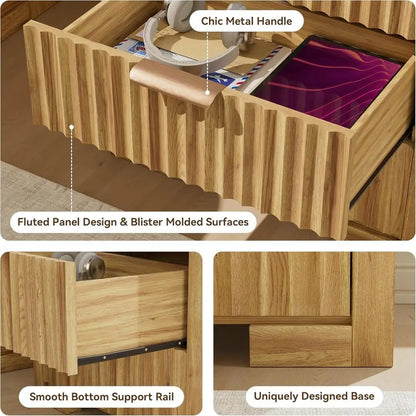 Modern 3-Drawer Natural Oak Nightstand with Fluted Design and Charger Station for Bedroom or Home Office