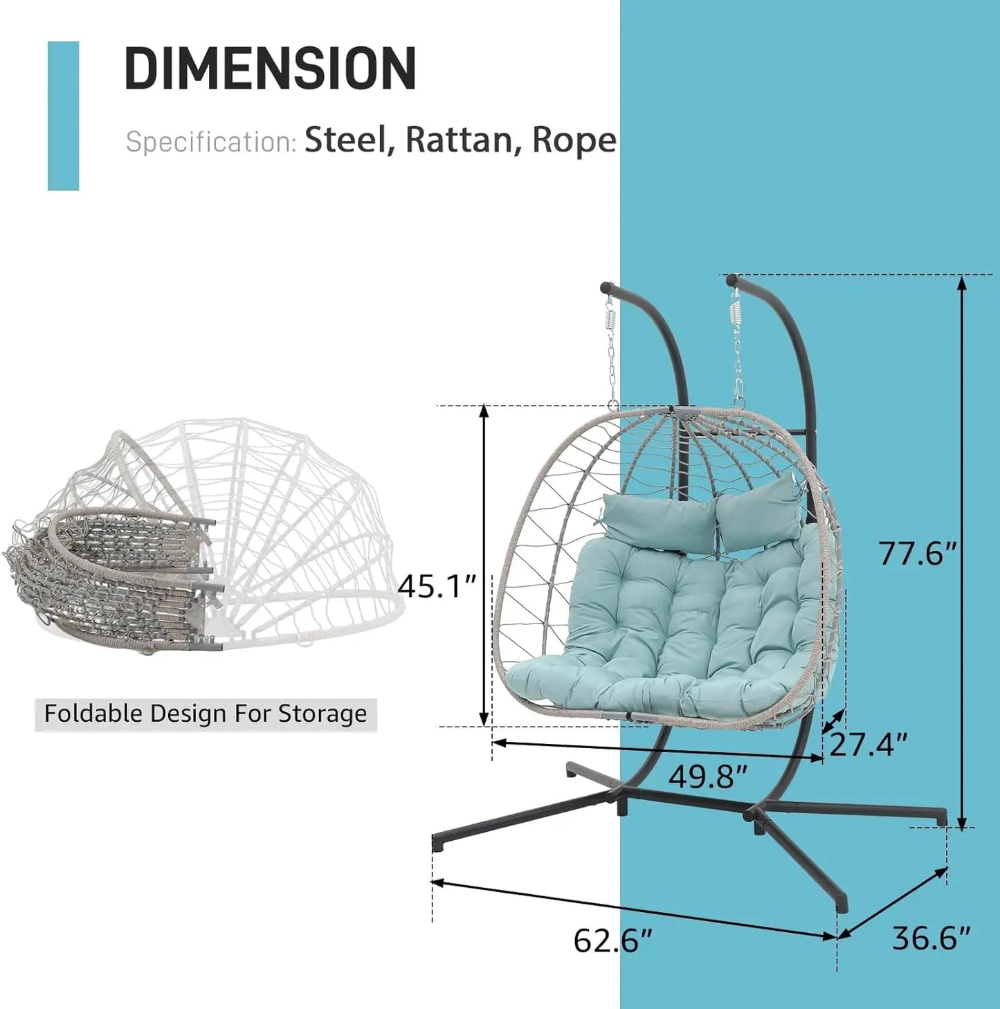2-Person Double Egg Swing Chair with Stand, Indoor Outdoor Patio Wicker Hanging Chair w/Cushion, Foldable 550lbs Light Blue