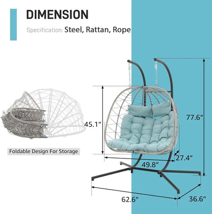 2-Person Double Egg Swing Chair with Stand, Indoor Outdoor Patio Wicker Hanging Chair w/Cushion, Foldable 550lbs Light Blue