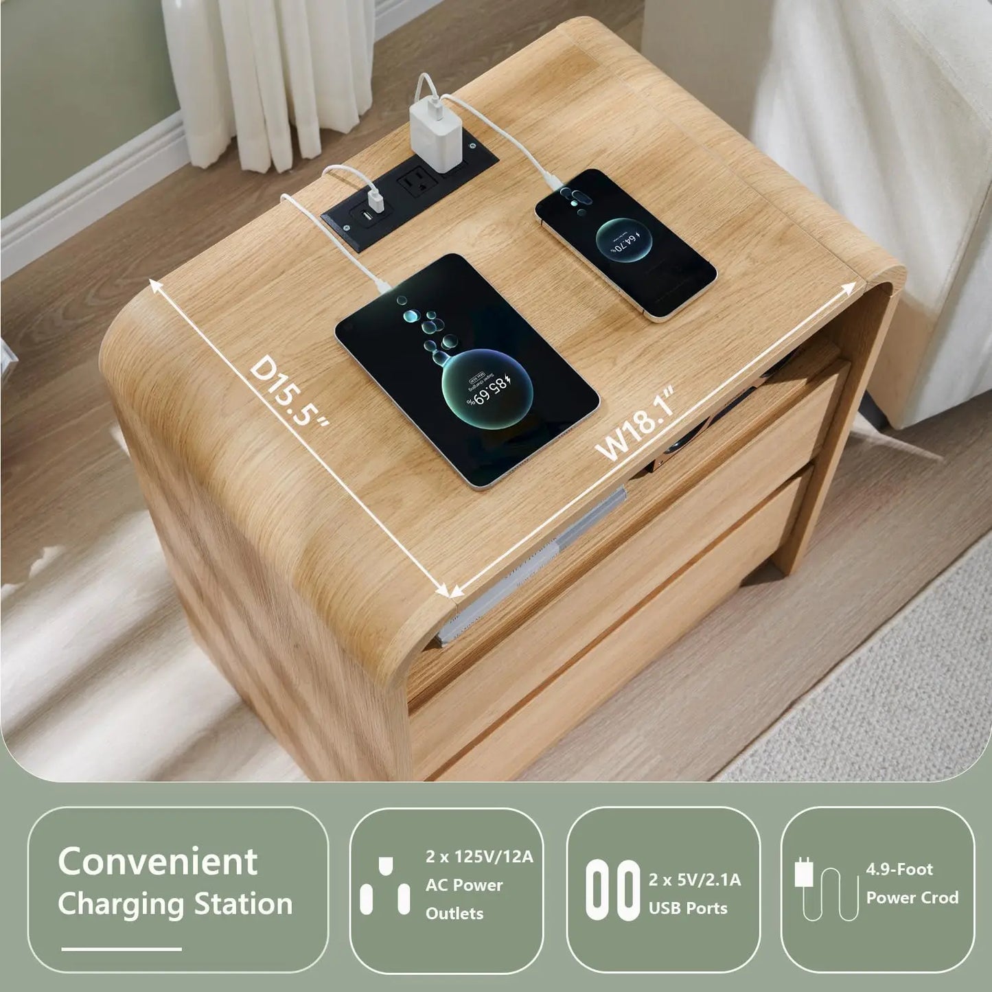 25" Tall Modern Nightstand Set of 2, 23.6'' Wide Wood Bedside Table w/2 Storage Drawers, Charging Station