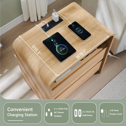 25" Tall Modern Nightstand Set of 2, 23.6'' Wide Wood Bedside Table w/2 Storage Drawers, Charging Station