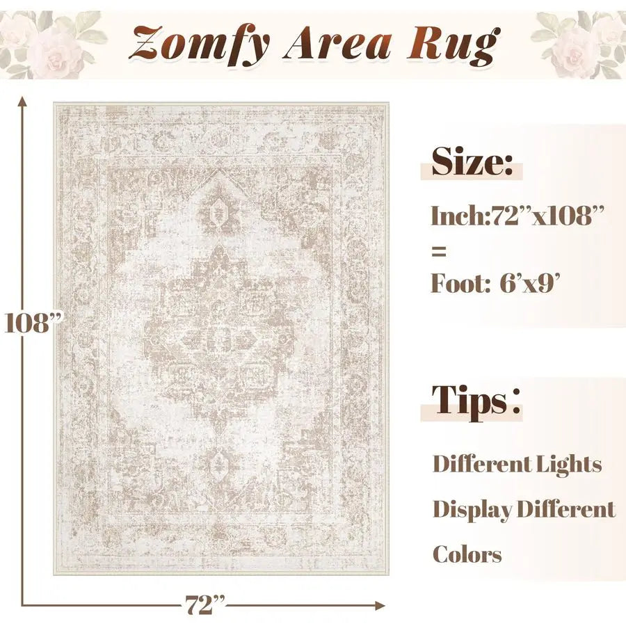 Rug 6x9 Vintage Rug Washable Indoor Medallion Rugs Low Pile Distressed Floor Carpet Retro Accent Rug