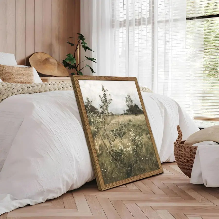 Landscape Wall Art Set of 2, Green Natural Wilderness Farmhouse Canvas Wall Decor Paintings, Retro Country Wildflower Oil Picture