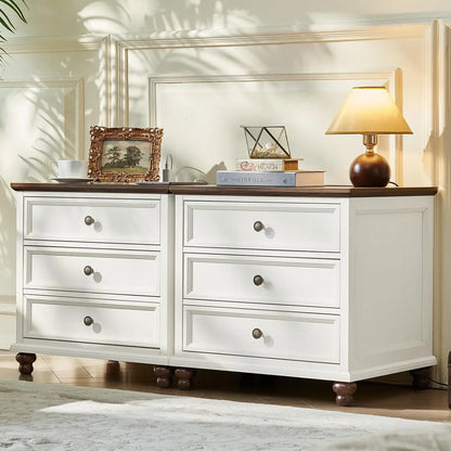 Farmhouse Nightstand Set of 2 with Charging Station, 24" Wide End Table with 3 Drawers, Bed Side