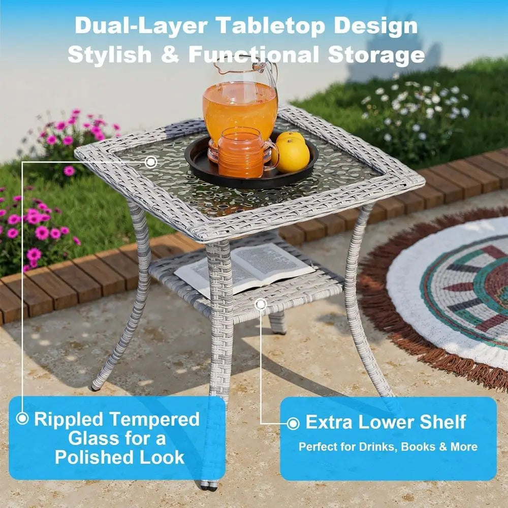 Compact 3-Piece Patio Furniture Set: Swivel Rocking Chairs with Wicker and Glass Table for Outdoor Spaces