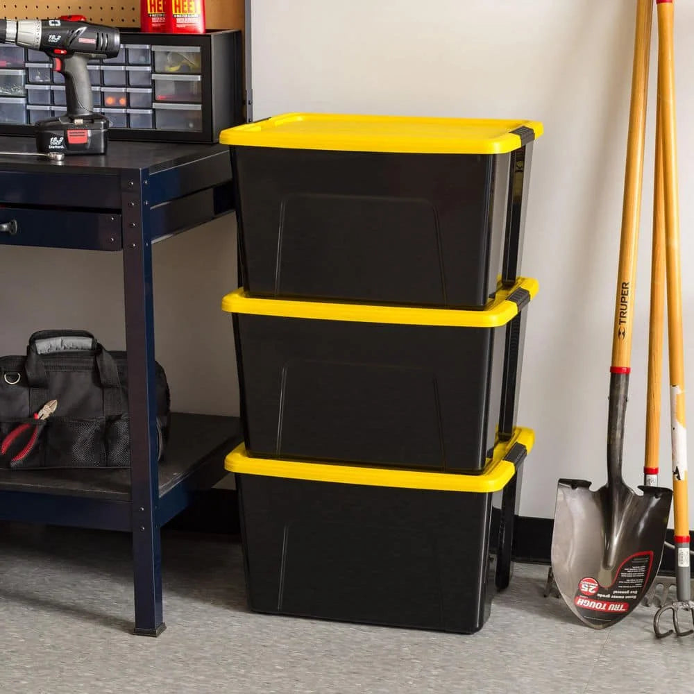 60 Qt./15 Gal. Plastic Storage Boxes with Latching Lids, Black and Yellow (Set of 6)