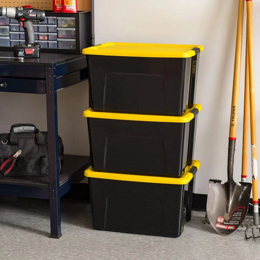 60 Qt./15 Gal. Plastic Storage Boxes with Latching Lids, Black and Yellow (Set of 6)