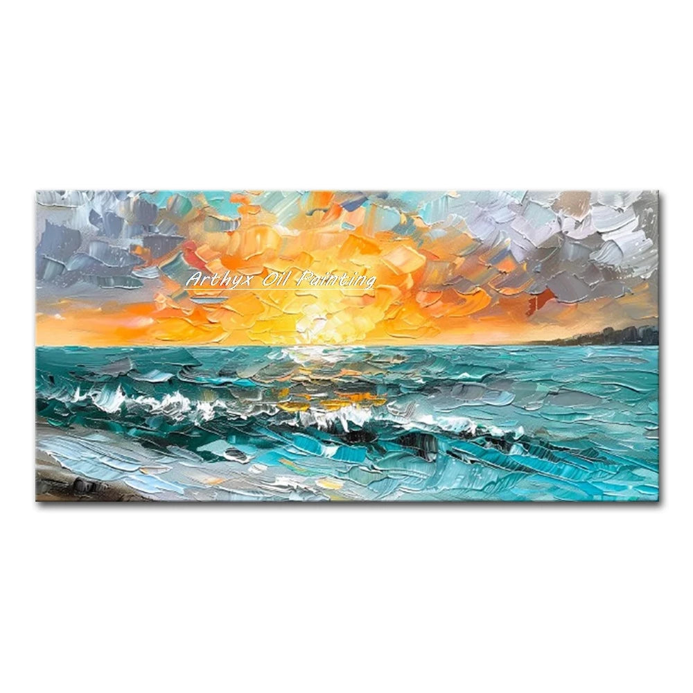 Arthyx, Hand Painted Abstract Seascape Oil Paintings On Canvas, Modern Texture Art Poster, Large Wall Picture, Home Decor